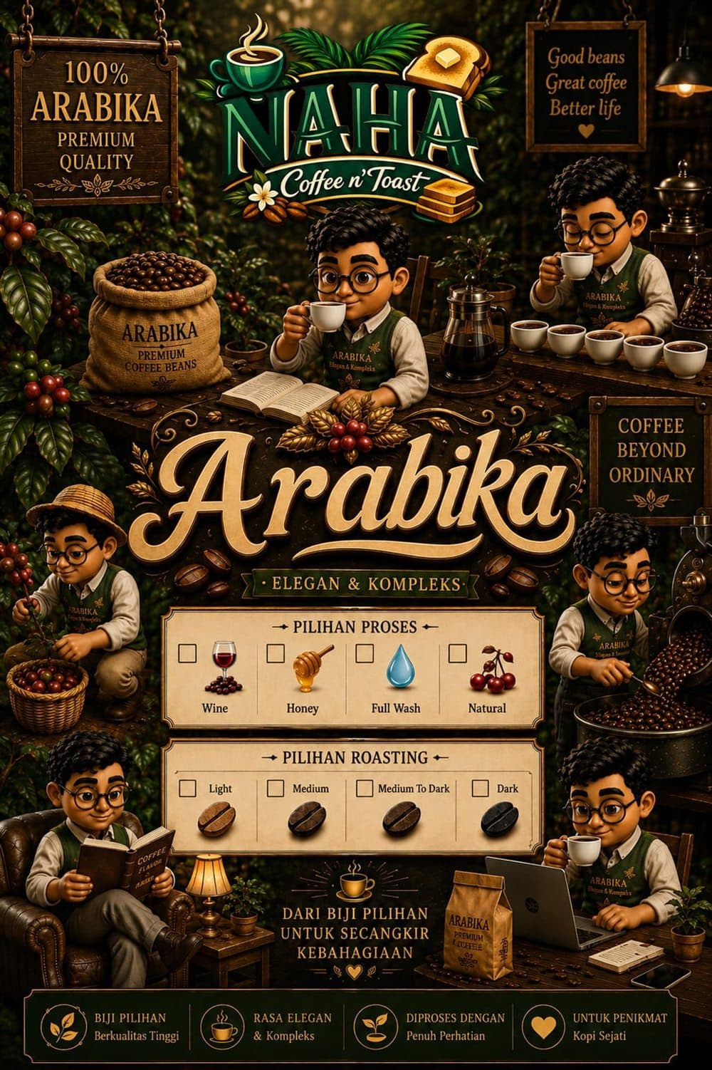 Poster Arabika NAHA dengan pilihan proses dan tingkat roasting