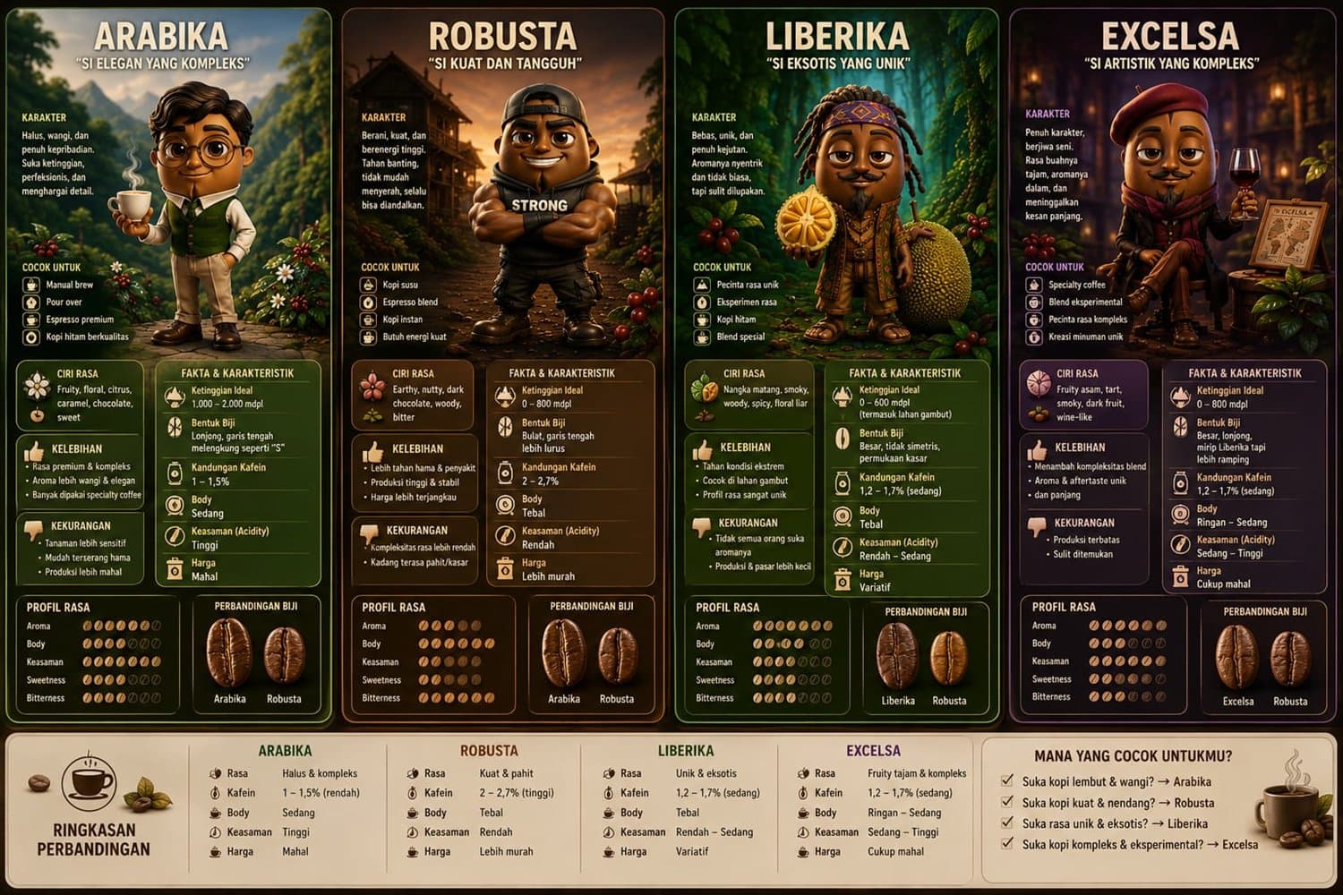 Papan perbandingan empat karakter kopi lengkap dengan ciri rasa dan profil rasa