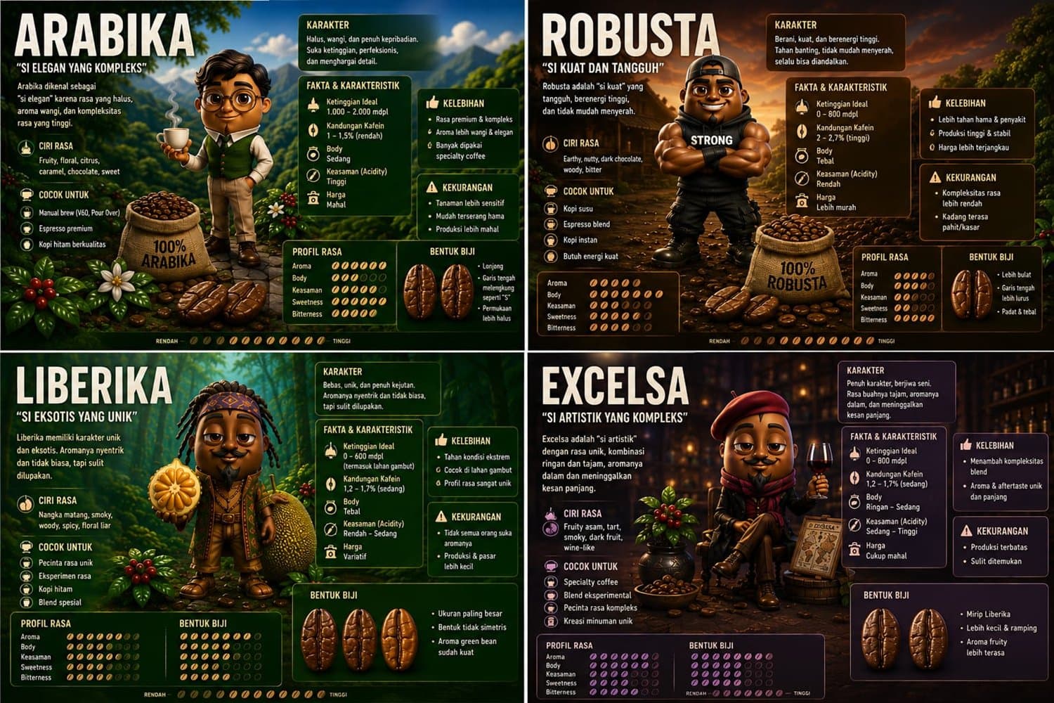 Infografis empat panel berisi karakter, fakta, kelebihan, dan bentuk biji tiap jenis kopi