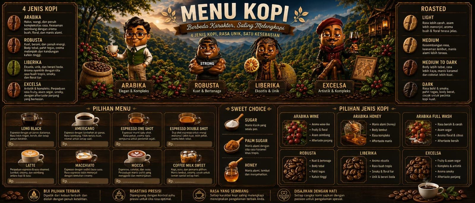 Banner menu kopi NAHA berisi daftar minuman, pilihan pemanis, dan tingkat roasting