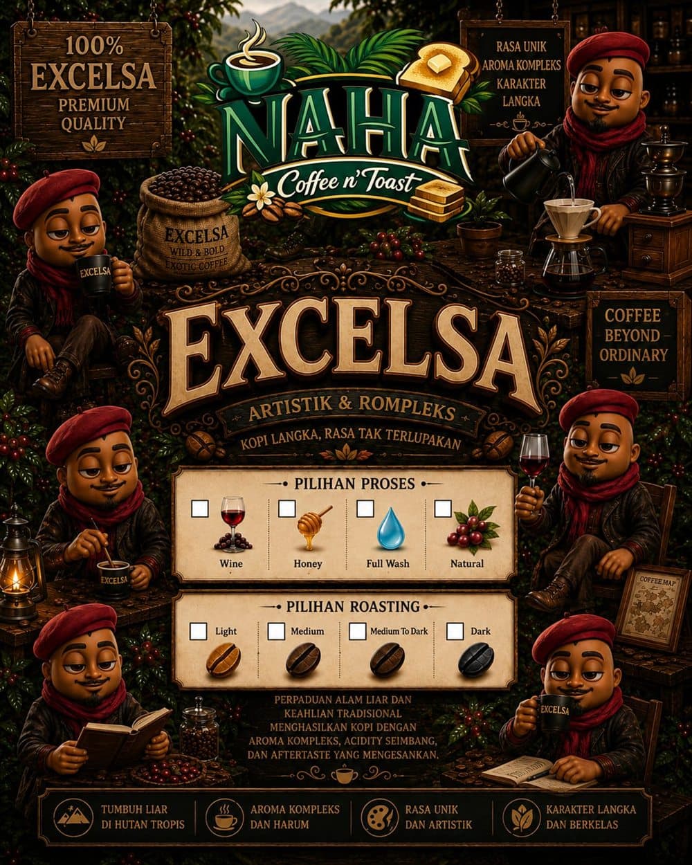 Poster Excelsa NAHA dengan pilihan proses dan tingkat roasting