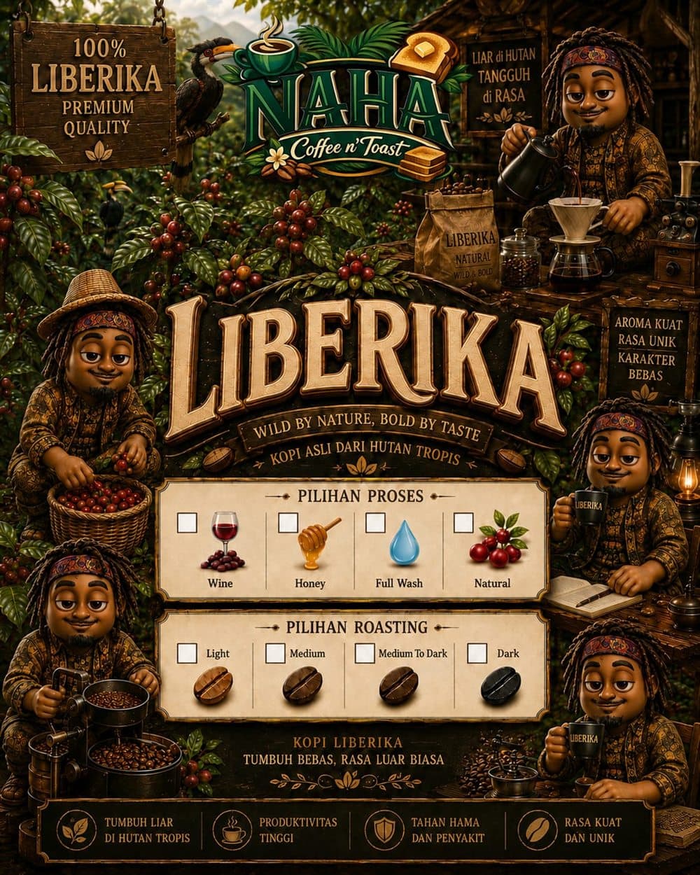Poster Liberika NAHA dengan pilihan proses dan tingkat roasting