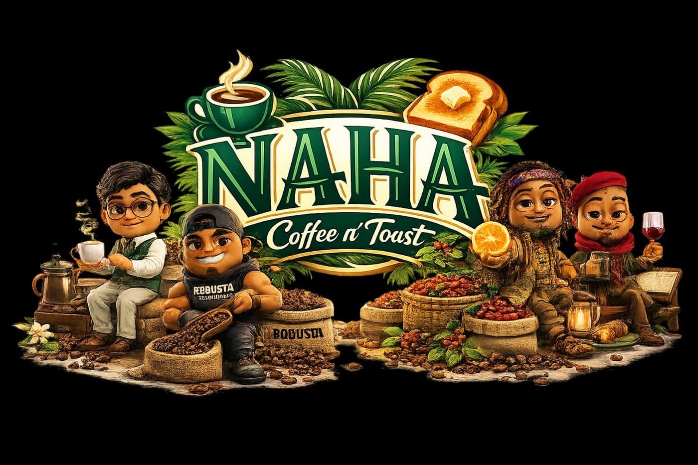 Logo NAHA Coffee n' Toast bersama empat karakter kopi: Arabika, Robusta, Liberika, dan Excelsa