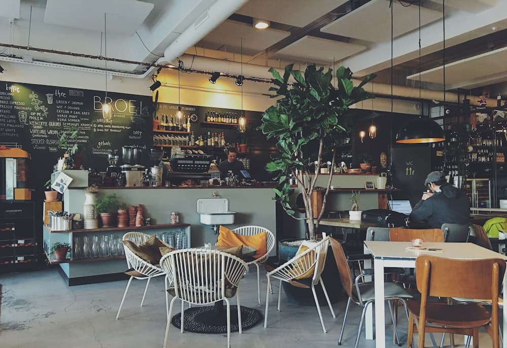 Interior kedai kopi dengan kursi rotan dan tanaman hijau