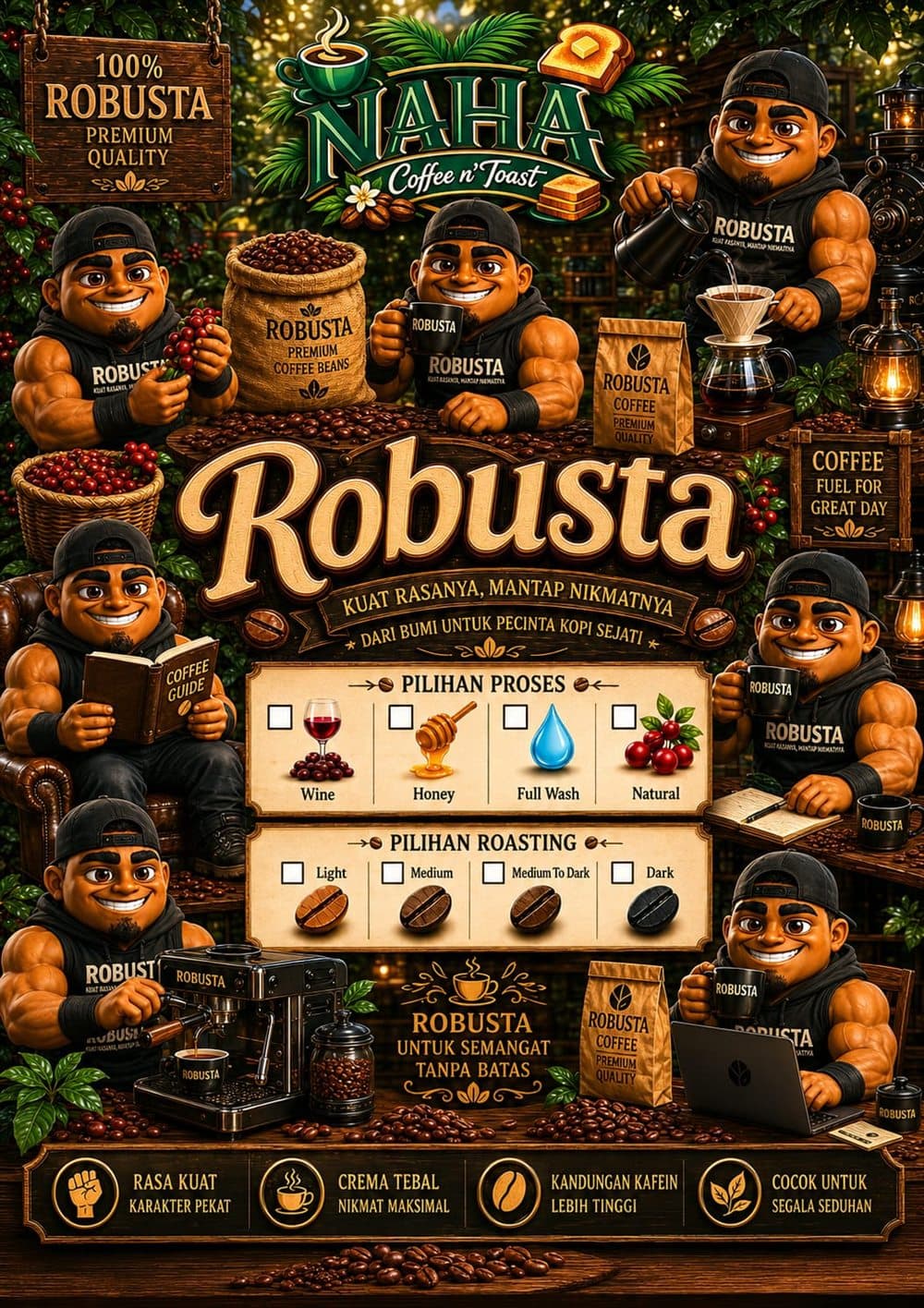 Poster Robusta NAHA dengan pilihan proses dan tingkat roasting